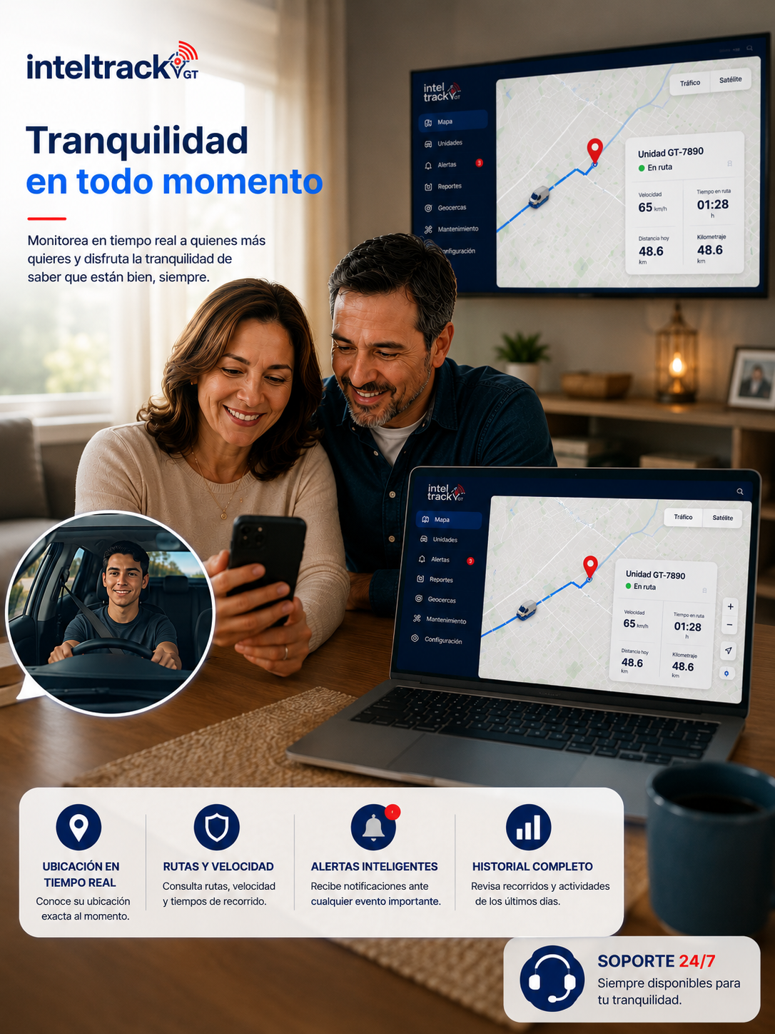 Familia verificando ubicación GPS de vehículo